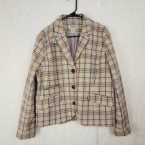 Vintage L.L. Bean wool oatmeal check plaid leather button jacket Size 18 Preppy